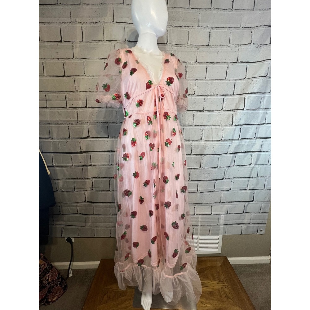 NWT Yoins Pink Strawberry Sequin Tulle Dress Short Puff Sleeve Cottagecore XL